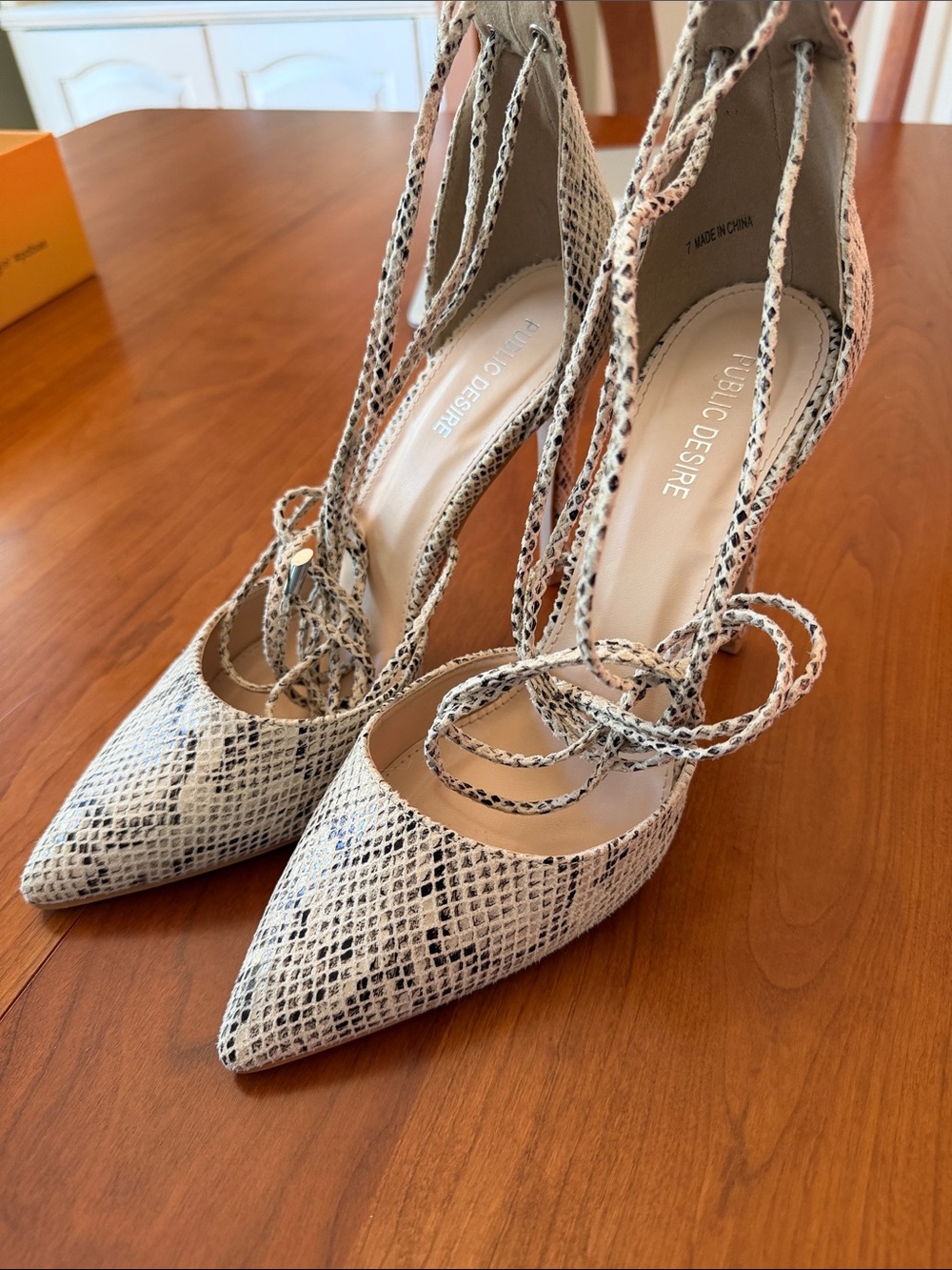 Public Desire Aries Beige Snake-Print Lace-Up Pointed Heels